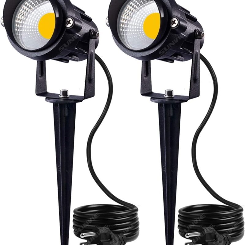 SUNVIE Outdoor Landscape LED Lighting 12W Waterproof Garden Lights COB Led Spotlights with Spiked Stand for Lawn Decorative Lamp US 3- Plug 3000K Warm White (2 Packs)