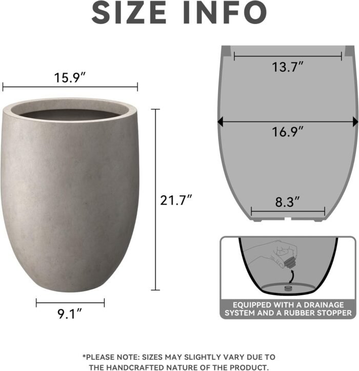 Kante 21.7" H Weathered Concrete Tall Planter, Large Outdoor Indoor Decorative Pot with Drainage Hole and Rubber Plug, Modern Round Style for Home and Garden - Image 2