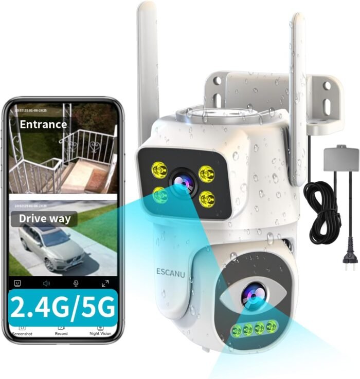 Dual Lens Security Camera Outdoor,WiFi Camera for Home Security,Home Survaillance Outdoor Camera,PTZ,2-Way Audio, Auto Tracking,Night Vision,24/7 Continous Record,IP65 Weather Proof