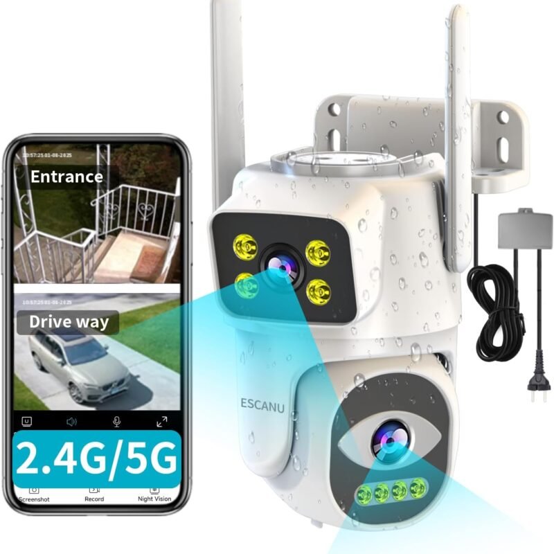 Dual Lens Security Camera Outdoor,WiFi Camera for Home Security,Home Survaillance Outdoor Camera,PTZ,2-Way Audio, Auto Tracking,Night Vision,24/7 Continous Record,IP65 Weather Proof