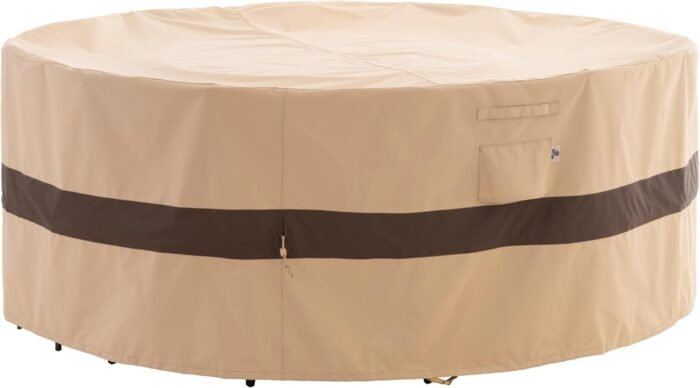 Round Patio Furniture Cover, 62" D x 31" H, Waterproof, UV Resistant, Anti-Fading Outdoor Cover for Round Dining Table and Chairs Set, Beige & Coffee