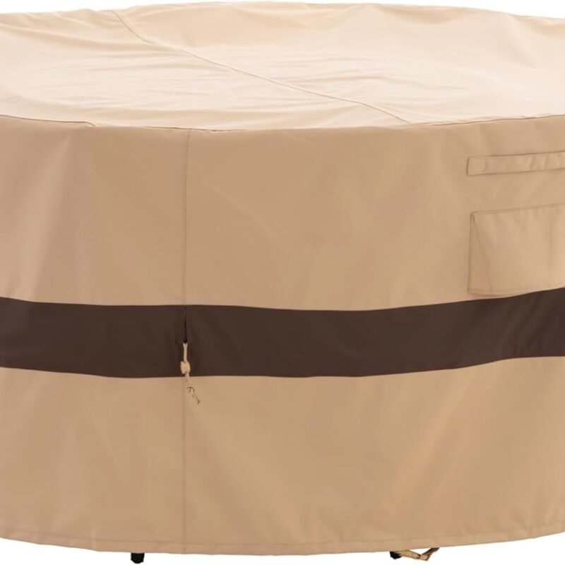 Round Patio Furniture Cover, 62" D x 31" H, Waterproof, UV Resistant, Anti-Fading Outdoor Cover for Round Dining Table and Chairs Set, Beige & Coffee