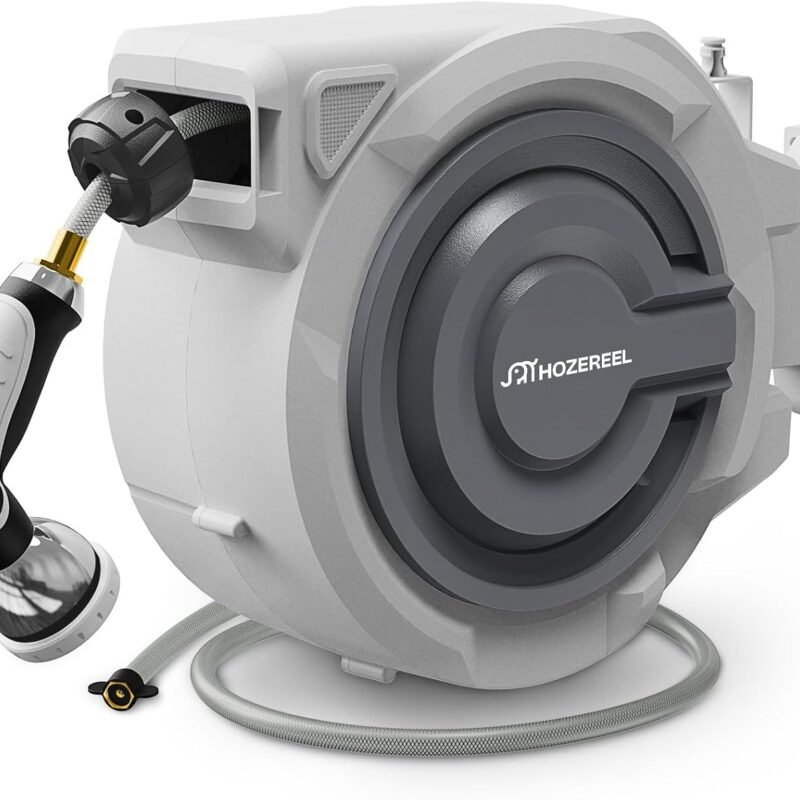 150 FT x 1/2" Retractable Garden Hose Reel by HOZEREEL, Outdoor Garden Hose Reels - Automatic Self Retract Wall Mount Hose Reel Enclosed Storage, Any Length Lock, 10 Pattern Nozzle-Grey