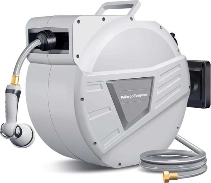 5/8" x 65ft Retractable Garden Hose Reel, Wall-Mounted with 10-Function Spray Nozzle, Any-Length Lock, UV Resistant, Automatic Rewind & 180°Swivel