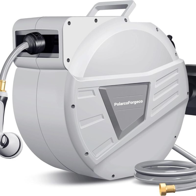 5/8" x 65ft Retractable Garden Hose Reel, Wall-Mounted with 10-Function Spray Nozzle, Any-Length Lock, UV Resistant, Automatic Rewind & 180°Swivel