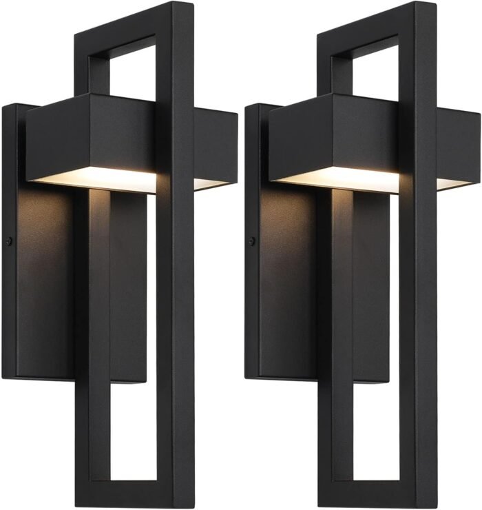 LamQee Outdoor Wall Lights Modern Exterior Lighting Fixtures, 3000K Integrated LED Outdoor Wall Sconce Lighting 2 Packs, Matte Black Outside Wall Mount Lights for House Front Door Porch Garage Patio