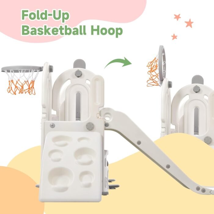 Merax 5-in-1 Kids Slide with Swing Set, Toddler Slide with Climber, Basketball Hoop and Storage Space, Freestanding Outdoor Indoor Slide Playset for Toddlers Age 1+ - Image 6