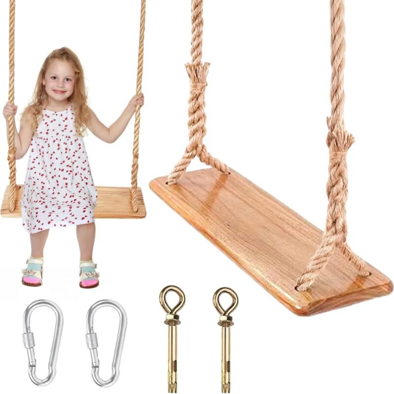 Hanging Swing Seat - 19.7" x 5.1" x 1.2", Tree Swing for Adults and Kids - Adjustable Hemp Rope Plus Straps (80 inch), Supports 500lbs
