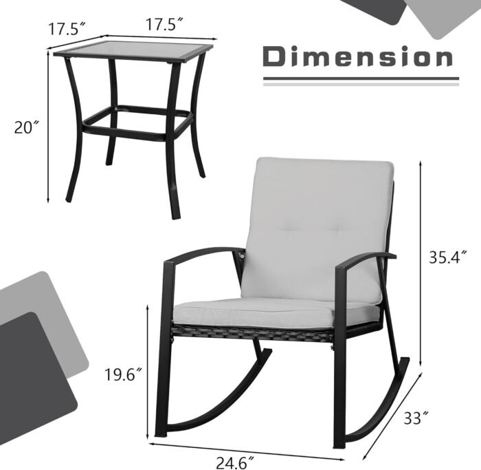 Shintenchi Outdoor 3 Piece Rocking Bistro Set, Wicker Patio Outdoor Furniture Porch Chairs Conversation Sets with Glass-Top Coffee Table for Backyard Porch Poolside Lawn, Garden,Gray - Image 5