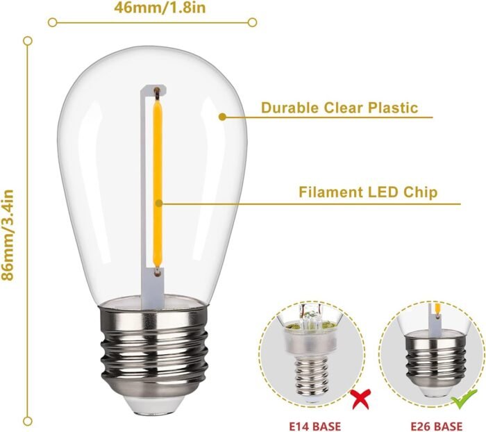 Shatterproof LED String Lights, Waterproof, Warm White 2200K, 70LM, E26 Base - 15 Pack