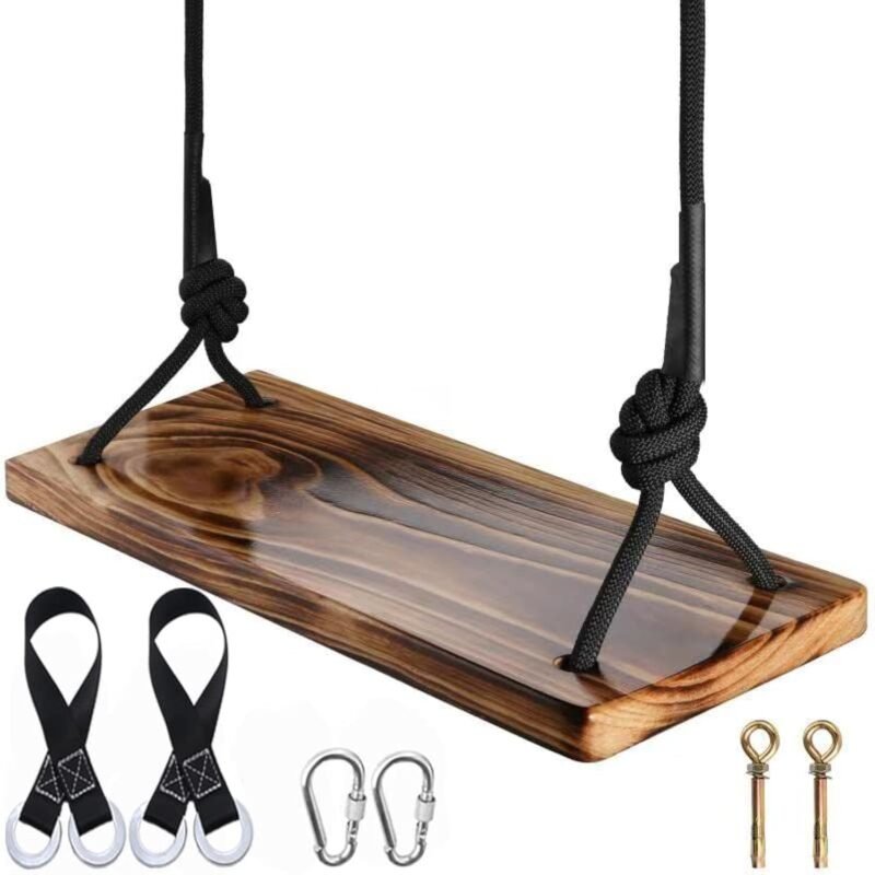 Carbonized Hanging Swing Seat with Adjustable Rope for Adult Kids Garden,Yard,Indoor,Outdoor Durable Wooden Swing Can Withstand 440LB (17.7x7.9x1.0 inch)