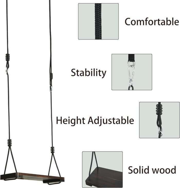 KINSPORY Wooden Swing Seat, Outdoor Swing Set Accessories for Backyard, Height Adjustable Rope with Hanging Tree Straps Kit for Porch Patio Garden Playgroud (Brown) - Image 4