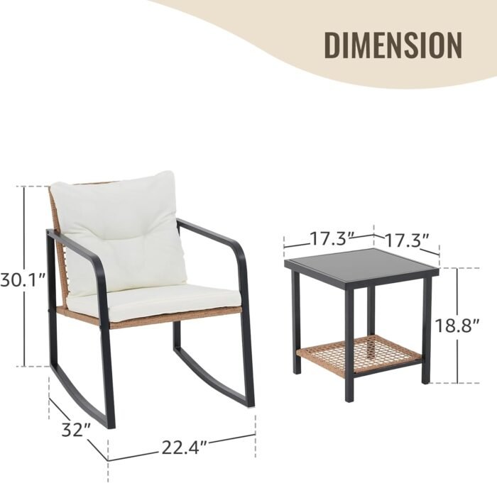 SUNSITT 3 Piece Outdoor Bistro Set, Wicker Patio Rocking Bistro Set w/Weather-Resistant Cushions, Metal Bistro Table & Chairs Set of 2, Woven Rattan Patio Rocking Chairs Set w/Outdoor Coffee Table - Image 7