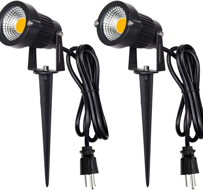 Outdoor Landscape LED Lighting 5W Waterproof Graden Lights COB Led Spotlights with Spiked Stand for Lawn Decorative Lamp US 3- Plug 3500K Warm White Lights (2 Packs)
