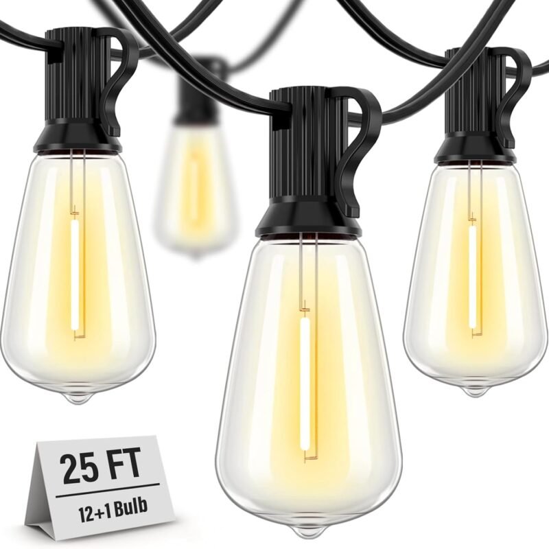 Outdoor String Lights Waterproof, 25 Feet Patio Lights with 13 ST38 Edison Bulbs(1 Sqare), Hanging Lights with Plug in Cord for Porch, Blacony, Backyard, Bistro, Garden, 2700K