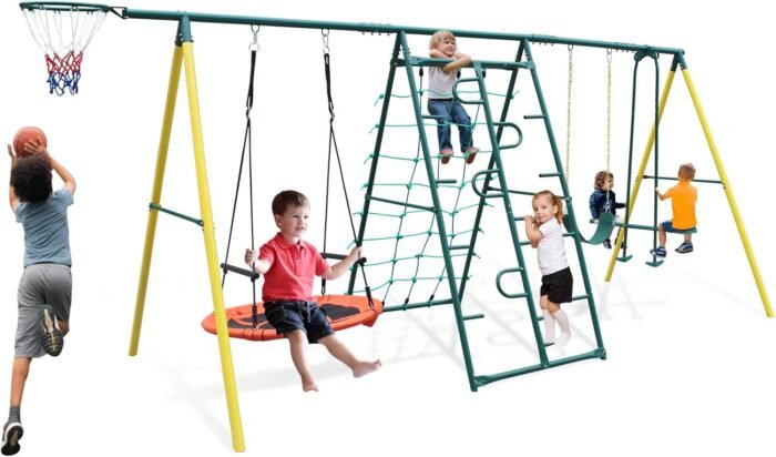 Swing Sets for Backyard, 6 in 1 Swing Set, Mental Swingset Outdoor, Heavy Duty Swing Set with Saucer Swing, Climbing Frame and Net, Glider Belt Swing and Basketball Rim