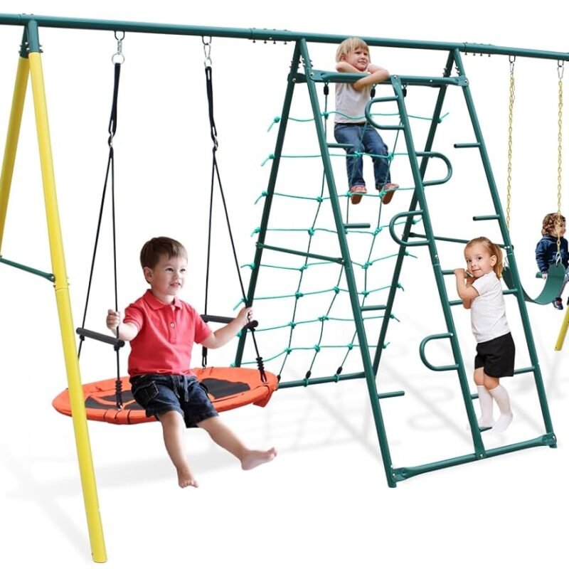 Swing Sets for Backyard, 6 in 1 Swing Set, Mental Swingset Outdoor, Heavy Duty Swing Set with Saucer Swing, Climbing Frame and Net, Glider Belt Swing and Basketball Rim