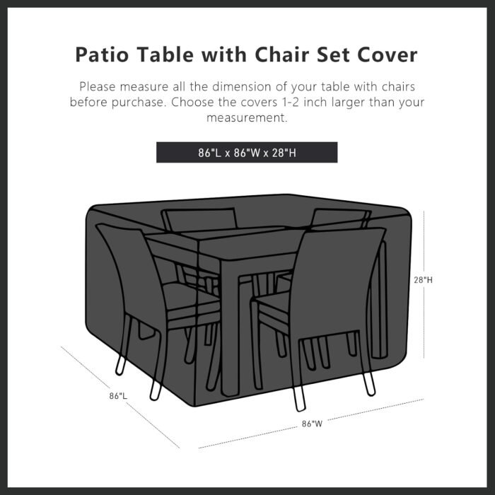SheeChung Patio Furniture Covers Square 86"Lx86"Wx28"H,Waterproof Outdoor Furniture Covers,Heavy Duty 600D Outdoor Dining Table and Chairs General Purpose Furniture Cover - Image 3
