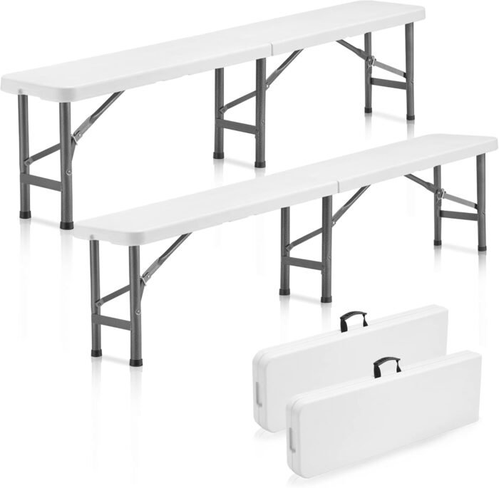 6ft Plastic Folding Bench(2 Pack), Portable Outdoor Bench with Handle & Non-Slip Mat, Waterproof Park Bench for Garden, Picnic Camping Dining Party Soccer Field, Sturdy Metal Frame