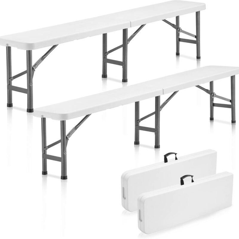 6ft Plastic Folding Bench(2 Pack), Portable Outdoor Bench with Handle & Non-Slip Mat, Waterproof Park Bench for Garden, Picnic Camping Dining Party Soccer Field, Sturdy Metal Frame