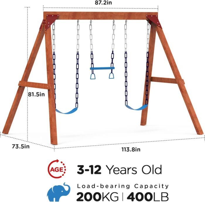 Dolphin Playground Wooden Swing Sets for Backyard, Family DIY Kit for Any Swings, Outdoor Playset for Kids with Trapeze Swing Bar and 2 Belt Swings, Heavy Duty Playground Accessories, Ages 3-12 - Image 2