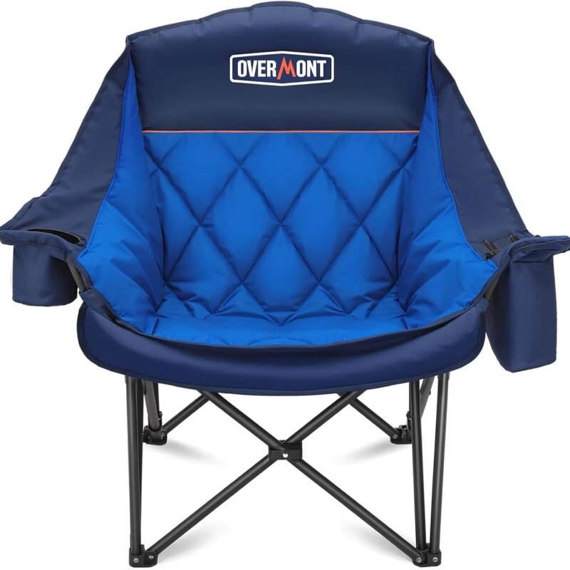 Overmont Oversized XL Camping Chair for Adults - 450lbs Support Heavy-Duty Padded Folding Chair with Side Pocket Cup Holder Cooling Bag for Outdoor Sports Garden Beach Fishing Lawn Blue