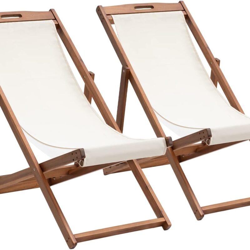 Outdoor Wooden Patio Lounge Chair 2 Set Beach Sling Chair Set Height Portable Reclining Beach Chair Solid Wood Frame with White Polyester Canvas 3 Level,Khaki
