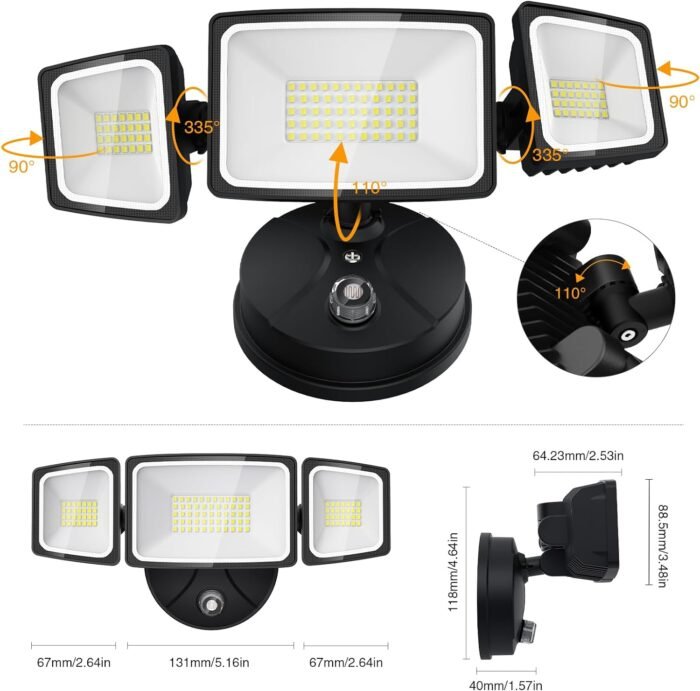 Onforu 60W LED Dusk to Dawn Flood Lights, 6000LM Exterior Security Outdoor Lighting, IP65 Waterproof Outdoor 3 Adjustable Heads Photocell Light Fixture, 6500K White Floodlight for Garage, Patio, Yard - Image 8