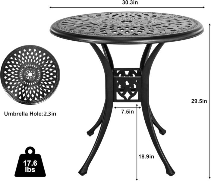 30.3" Patio Bistro Table Cast Aluminum Patio Table,Metal Patio Dining Table with Umbrella Hole,All Weather Outdoor Bistro Dining Table for Backyard, Garden, Balcony, Bronze - Image 3