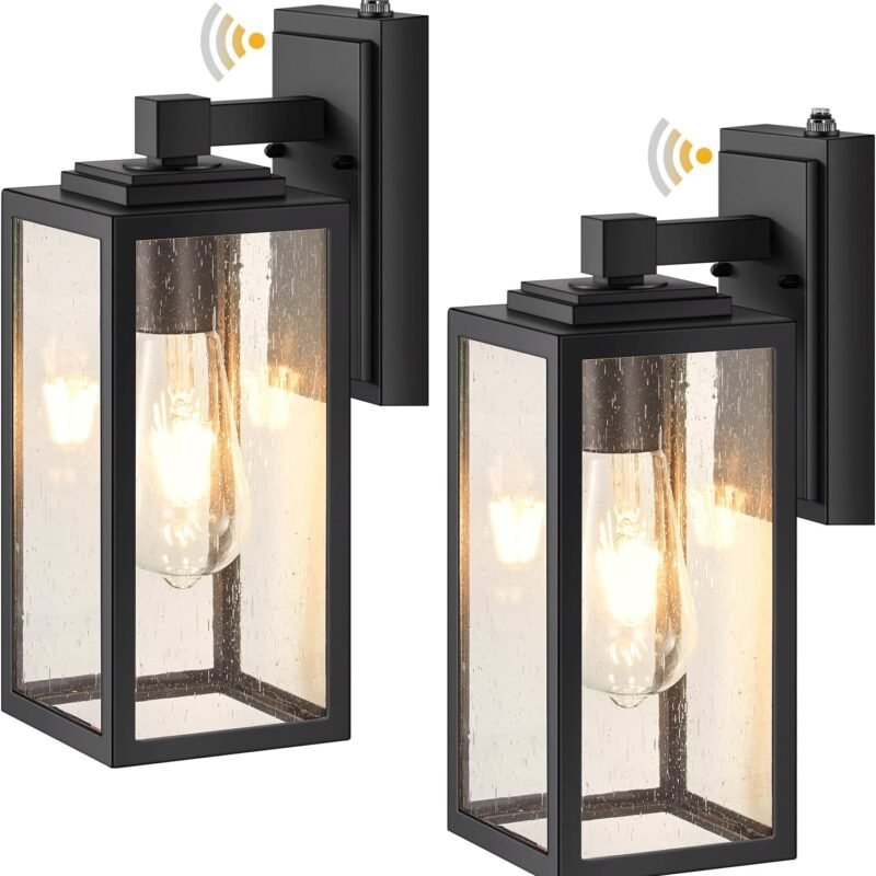 VIANIS 2 Pack Dusk to Dawn Outdoor Wall Lighting, Black Exterior Light Fixture Wall Mount for House Front Porch, Anti-Rust Aluminium Modern Outdoor Wall Lantern with Tempered Glass Shade for Garage