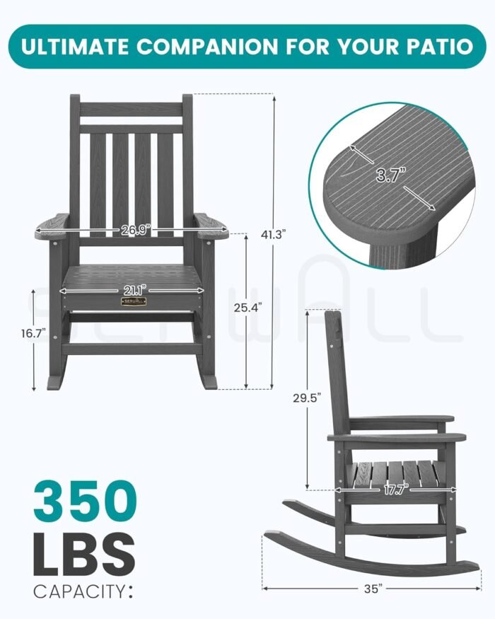 SEWALL Oversized Outdoor Rocking Chair Set of 2, HDPE Rocking Chair for Adults, Patio Rocking Chairs for Porch, Grey - Image 3
