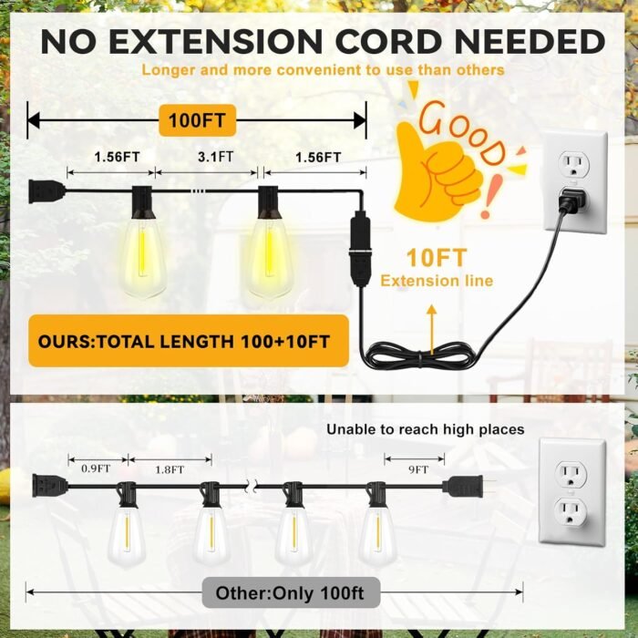 100+10FT LED Outdoor String Lights, Patio Deck Lights with 50+4 Shatterproof ST38 Edison Bulbs, Dimmable Warm White Waterproof Outside Hanging Lights Connectable for Backyard Porch Garden - Image 3