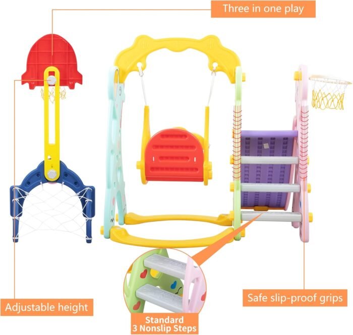 6 in 1 Toddlers Slide and Swing Playset for Children Age 3-12, Freestanding Kids Slide Climber Playset Indoor Outdoor Playground with Basketball Hoop and Football Gate - Image 3