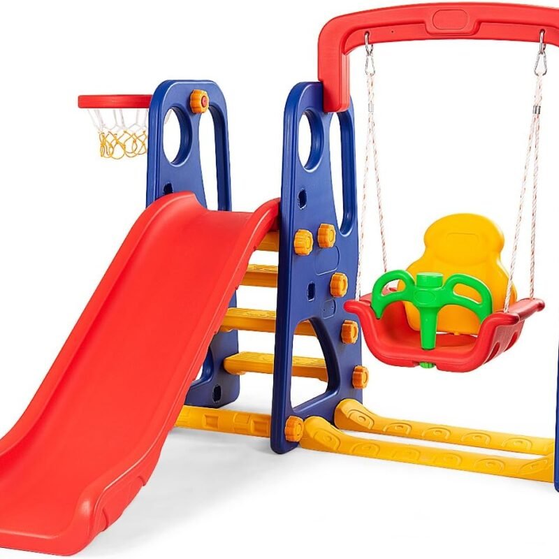 Costzon Toddler Long Slide Set, 3-in-1 Large Climber Playset w/Basketball Hoop, Stairs, Thickened Panel, Playground Swing for Indoor Outdoor Backyard 3-10 Gifts Presents