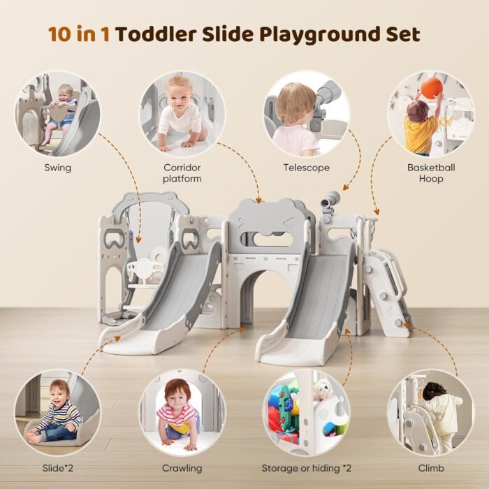Lischwert Toddler Swing and Slide Set, 10 in 1 Toddler Indoor Playground, Slide for Toddlers, Outdoor Playset Backyard with Basketball Hoop, Tunnel and Storage Space, Kids Double Slide Age 1+ - Image 2