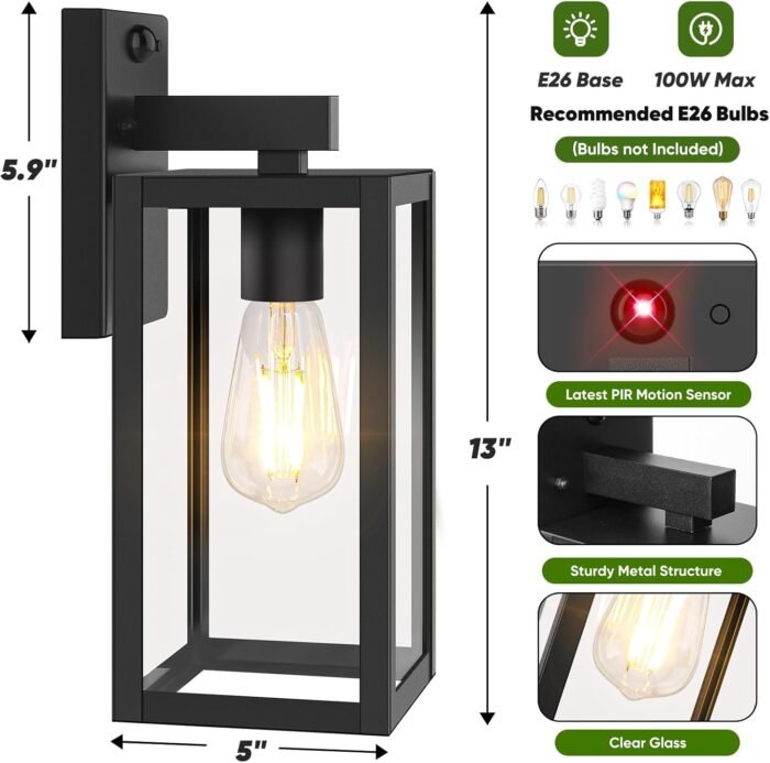 Upgraded Motion Sensor Outdoor Wall Light, 13” Dusk to Dawn Porch Light Outdoor Wall Sconce Lantern, 3 Lighting Modes Exterior Lighting Fixture Wall Mount, Outside Light for House Garage, Black - Image 6