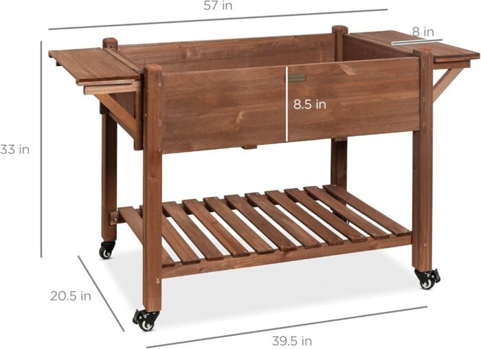 Best Choice Products 57x20x33in Mobile Raised Garden Bed Elevated Wood Planter Box Stand for Backyard, Patio w/Folding Side Tables, Locking Wheels - Brown - Image 7