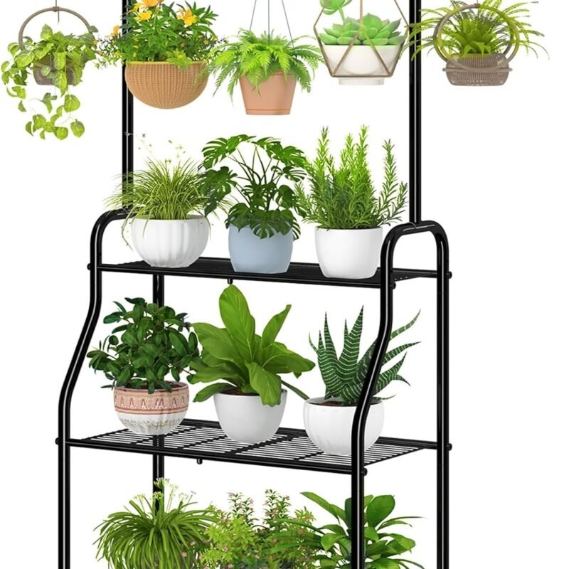 Simple Trending Plant Stand Indoor Outdoor, Heavy Duty Metal 3 Tiered Hanging Plant Shelf for Multiple Flower Planter Holder Tall Large Rack for Living Room Garden Balcony, Black