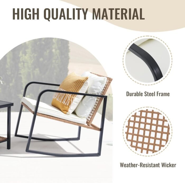 SUNSITT 3 Piece Outdoor Bistro Set, Wicker Patio Rocking Bistro Set w/Weather-Resistant Cushions, Metal Bistro Table & Chairs Set of 2, Woven Rattan Patio Rocking Chairs Set w/Outdoor Coffee Table - Image 6