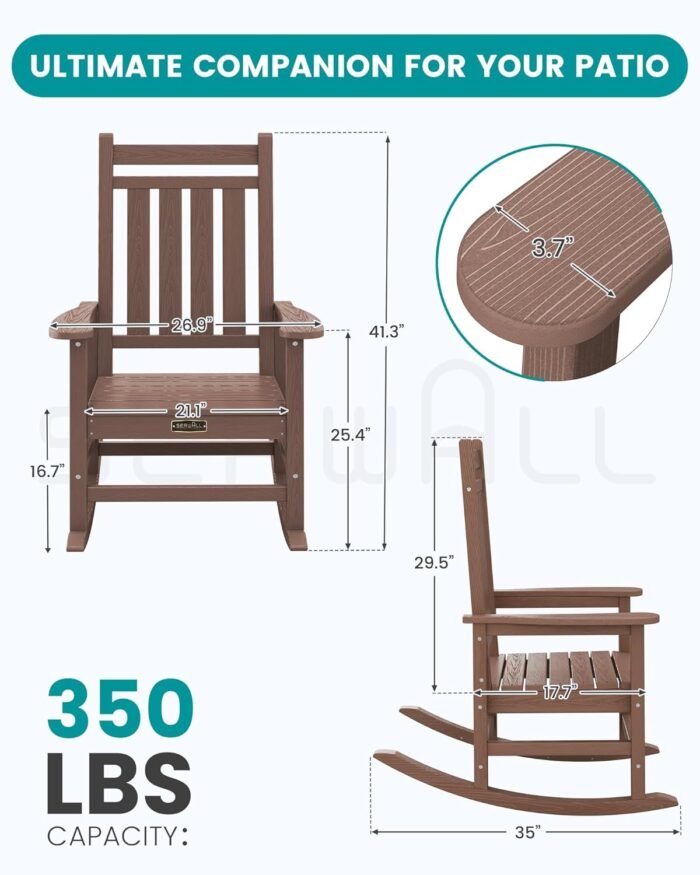 SEWALL Oversized Outdoor Rocking Chair Set of 4, HDPE Rocking Chair for Adults, Patio Rocking Chairs for Porch, Brown - Image 3