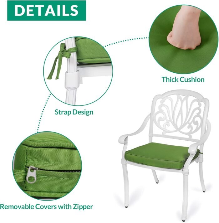 VIVIJASON 5-Piece Patio Furniture Dining Set, All-Weather White Cast Aluminum Outdoor Conversation Set, Include 4 Cushioned Chairs and a 35.4" Square Table w/Umbrella Hole for Balcony Lawn Garden - Image 4