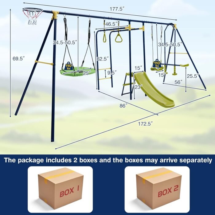 GLACER 7-in-1 Kids Swing Set w/ 2 Swings, Slide, Fun Glider, Gym Rings, Monkey Bars, Basketball Hoop, 660 LBS Swing Set for Kids, Heavy Duty Play Set for Backyard, Garden, Park - Image 7