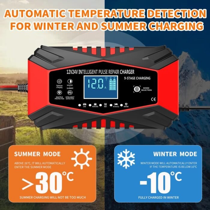 12-Amp Car Battery Charger,12V and 24V Smart Fully Automatic Maintainer Trickle Charger w/Temperature Compensation for Truck Motorcycle Lawn Mower Boat Marine Lead Acid Batteries (red) - Image 5