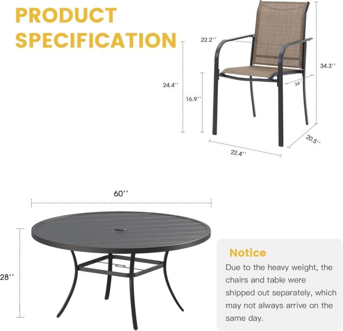 VICLLAX 11 Pieces Patio Dining Set for 10, Outdoor Furniture Set Includes 63" Round Patio Table and 10 Patio Sling Chairs, Patio Table and Chairs for Outsides, Black Table and Brown Chairs - Image 7