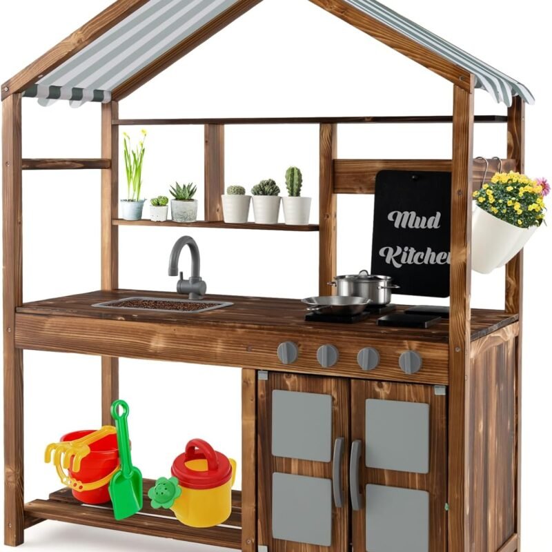 HONEY JOY Mud Kitchen with Canopy, Fir Wood Play Kitchen for Toddlers, Garden Sink, Stoves, Chalkboard, Storage Cabinet, Flowerpot, Outside Kitchen Playset, Mud Kitchen for Kids Outdoor Backyard
