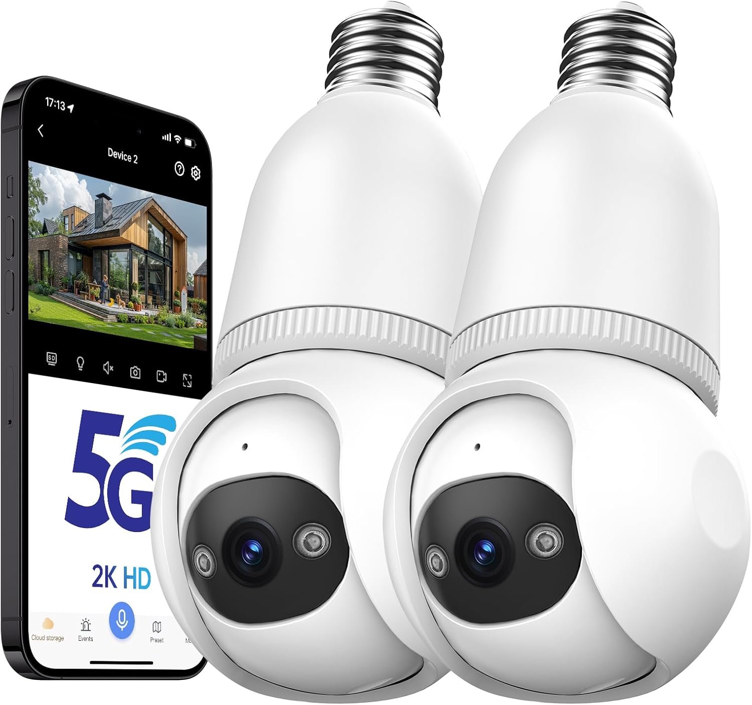 2K Light Bulb Security Camera Wireless Outdoor - 360° AI Motion Detection Cameras for Home Security Outside, 2.4G/5G Hz, Full-Color Night Vision, Auto Tracking, Siren Alarm, SD/Cloud Storage(2pack)