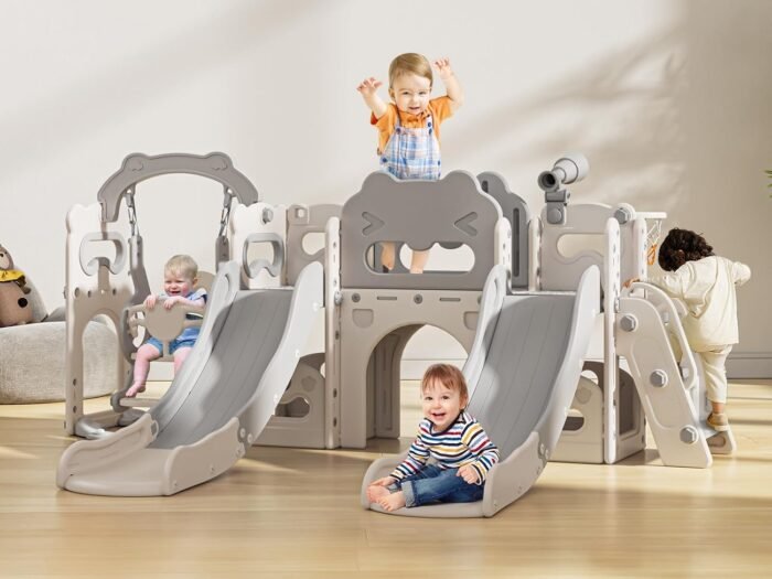 Lischwert Toddler Swing and Slide Set, 10 in 1 Toddler Indoor Playground, Slide for Toddlers, Outdoor Playset Backyard with Basketball Hoop, Tunnel and Storage Space, Kids Double Slide Age 1+