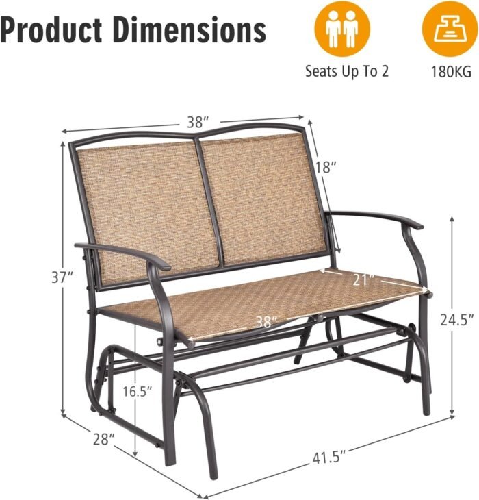 Tangkula 2-Person Patio Glider Bench, Outdoor Rocker Glider Loveseat Chair W/Heavy-Duty Steel Frame, Breathable Seat Fabric, Rocking Lounge Chair for Poolside, Garden, Backyard (Brown) - Image 3