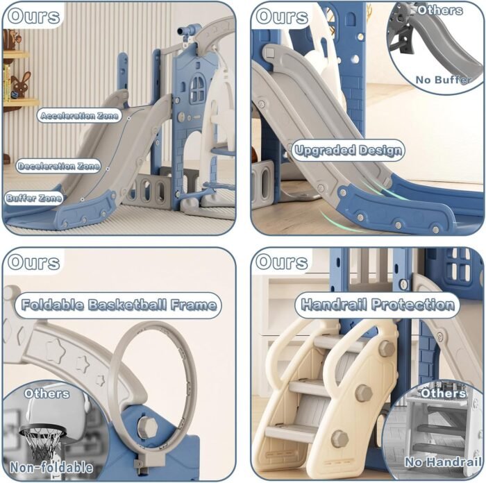 67i Toddler Swing and Slide Set Indoor Swing for Kids Outdoor Baby Backyard Swing Slide Playset with Basketball Hoop Freestanding Slides with Storage Space Kids Slide for Toddlers Age 1+(Blue Grey) - Image 7