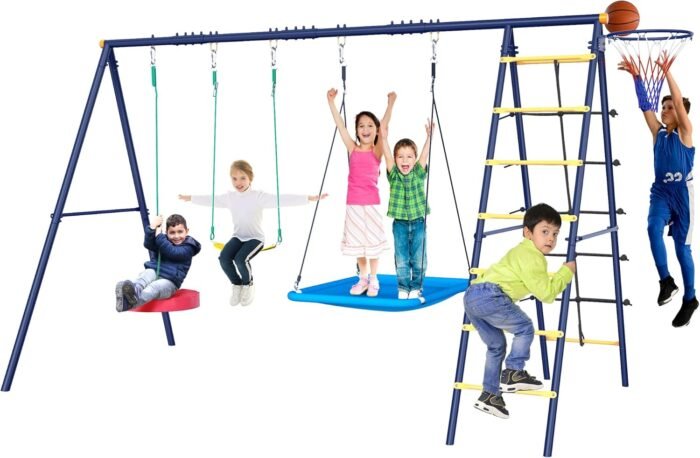 Swing Set for Backyard 550lbs - 6 in 1 Kid Outdoor Playground with Heavy Duty A-Frame Swing Stand, Platform Swing, Belt Swing, Climbing Rope & Climbing Ladder, Basketball Hoop for 3-8 Years Old